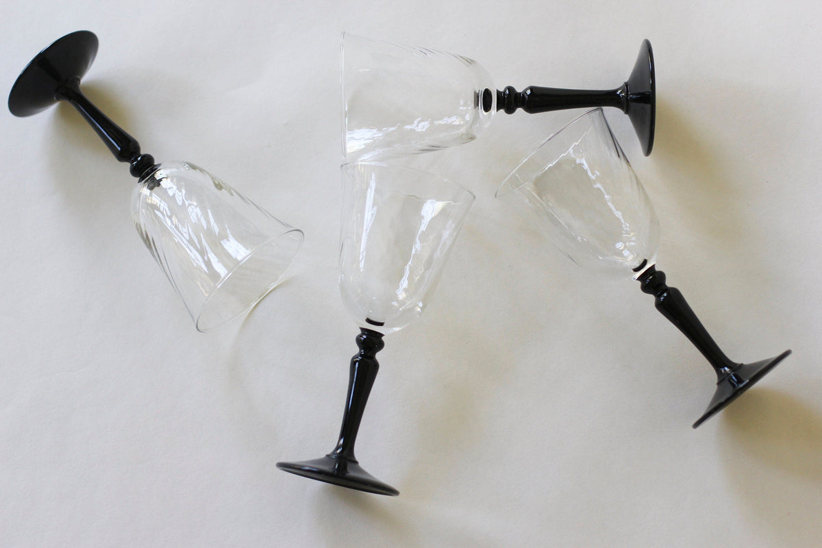 Vintage French Black Stem Swirly Wine Glass Set of 4