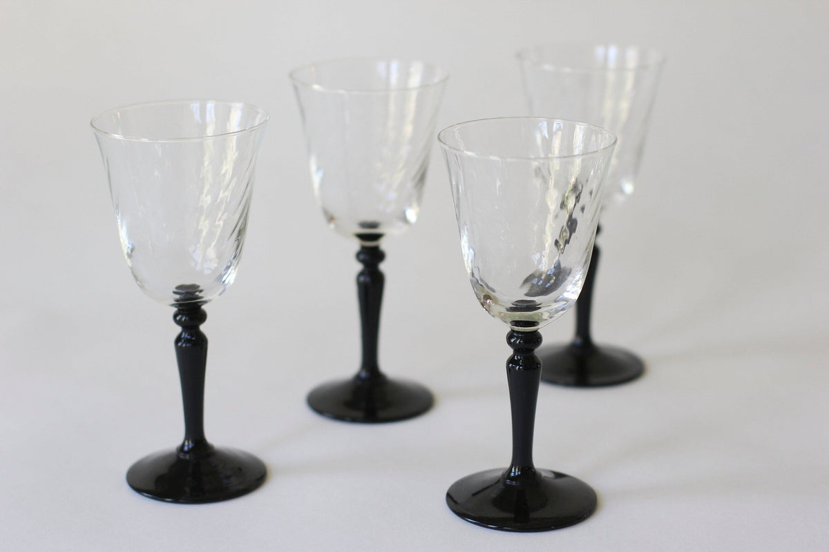 Vintage French Black Stem Swirly Wine Glass Set of 4
