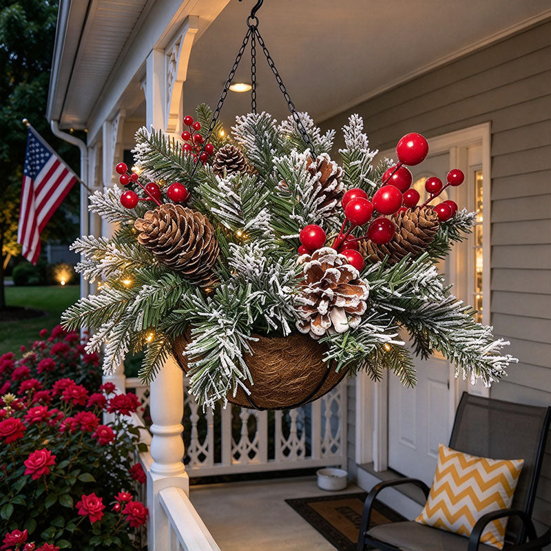 🎄Pre-Lit Artificial Christmas Decorative Basket: Festive Holiday Decor & Evergreen Style