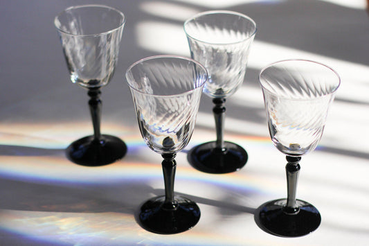 Vintage French Black Stem Swirly Wine Glass Set of 4