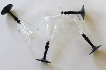 Vintage French Black Stem Swirly Wine Glass Set of 4