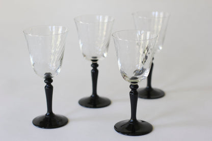 Vintage French Black Stem Swirly Wine Glass Set of 4