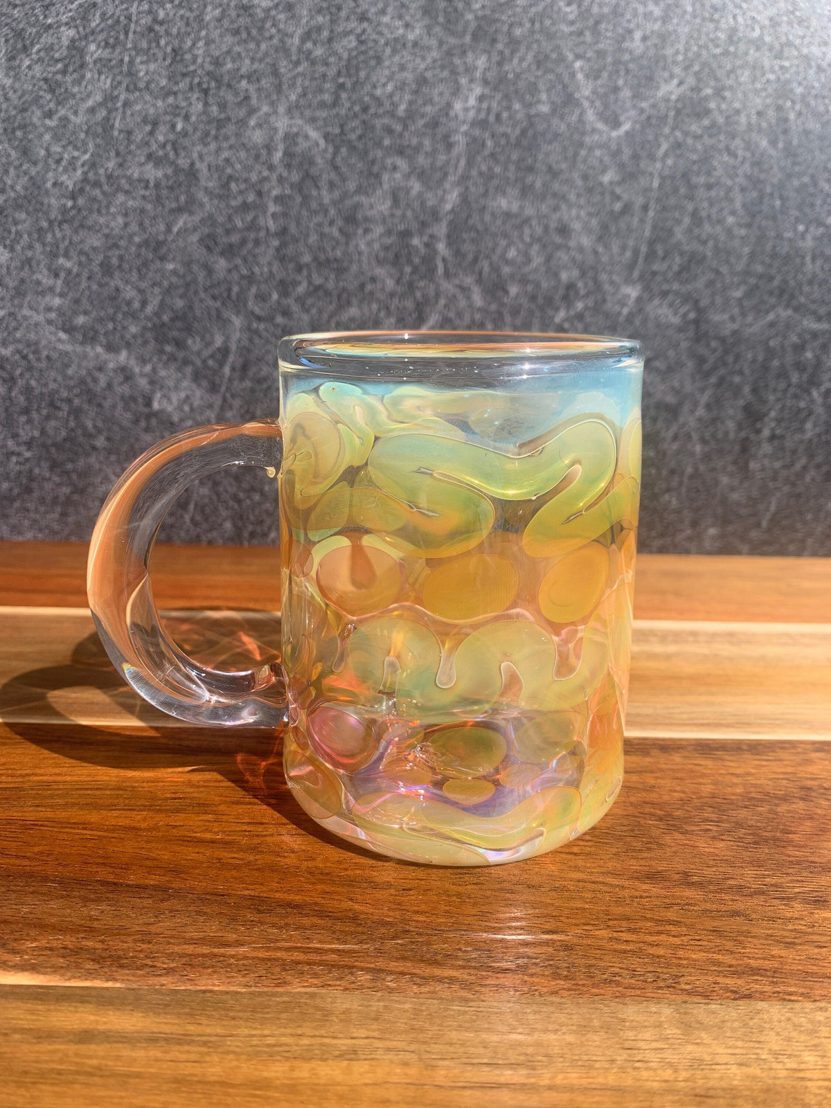 Handblown Iridescent Glass Coffee Mug, Color Enhancing Design