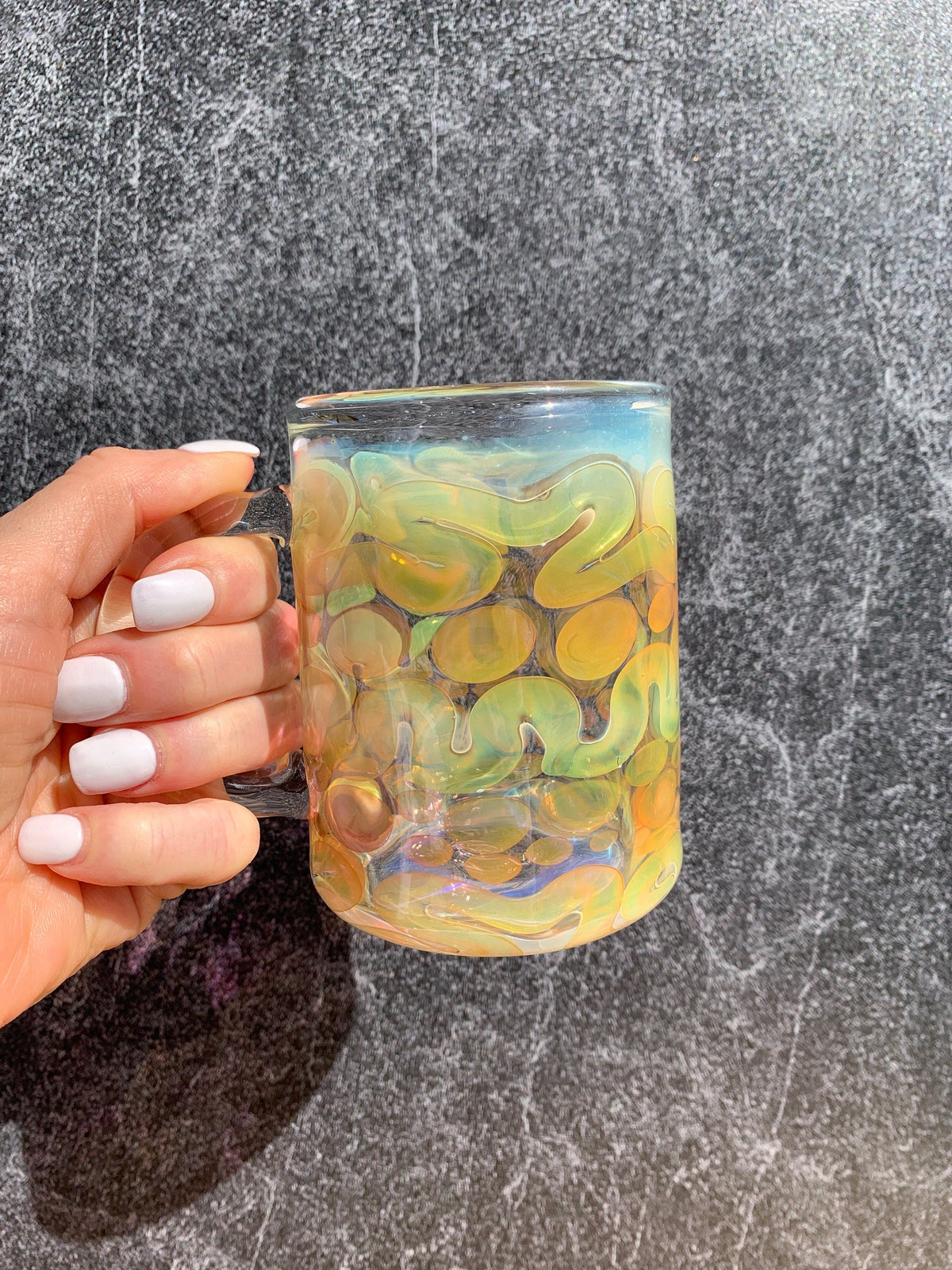 Handblown Iridescent Glass Coffee Mug, Color Enhancing Design