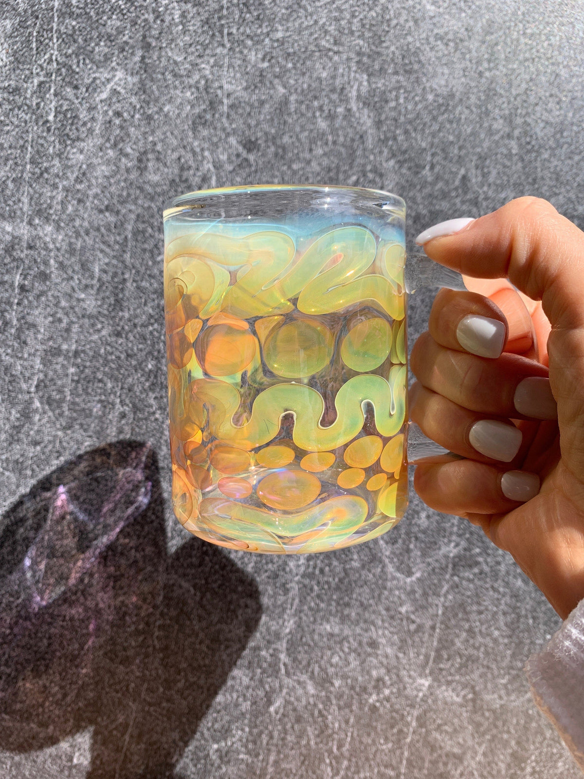 Handblown Iridescent Glass Coffee Mug, Color Enhancing Design