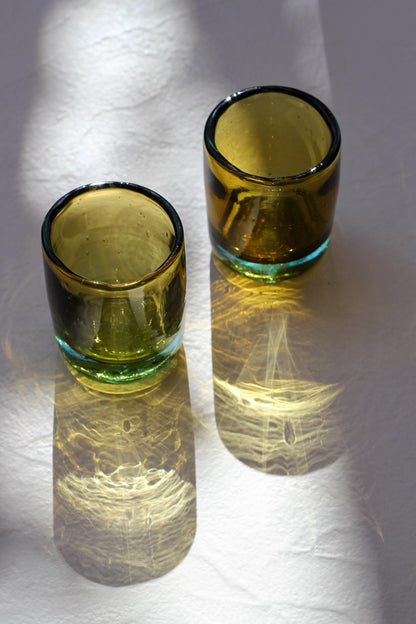 Amber & Aqua Recycled Glass Mini Tumbler – Hand Blown Drinking Glass, Sold Individually