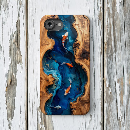 Koi Fish Faux Wood Resin Phone Case, Blue Epoxy iPhone MagSafe Tough Case