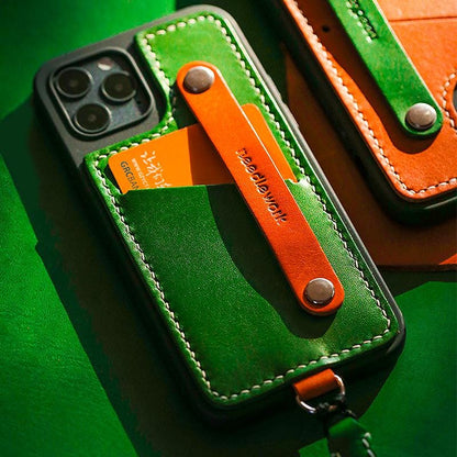 Personalized Leather iPhone Case with Pouch Hanging-neck Strap: iPhone 11/12/13/14/15/16/17 Card holder Crossbody Phone Case