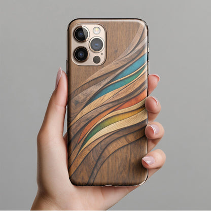 Carved Wood Wave Phone Case, Colorful Modern Wooden Art Design, Organic Flow Pattern, Luxury Aesthetic iPhone Cover