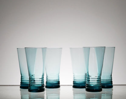 Vintage Highball Blue Glass Set of 5 or 6, Whiskey Tumbler Glasses, Cocktail Glass, Scotch Glass Set, Lowball, Retro Barware