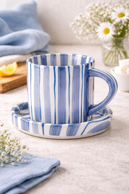 Blue and White Striped Mug Saucer Set, Ceramic Coffee Cup with Matching Plate, Coastal Aesthetic Tea Cup, Striped Pattern Drinkware Gift 180