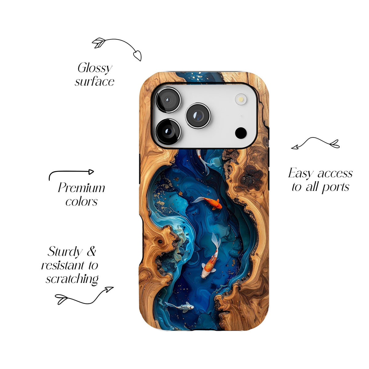 Koi Fish Faux Wood Resin Phone Case, Blue Epoxy iPhone MagSafe Tough Case