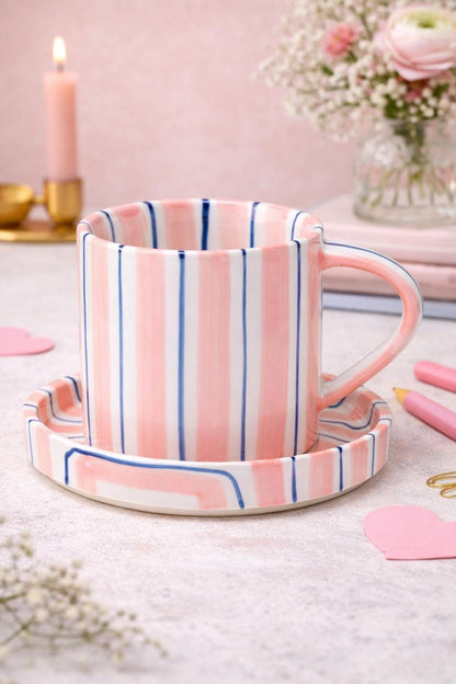 Blue and White Striped Mug Saucer Set, Ceramic Coffee Cup with Matching Plate, Coastal Aesthetic Tea Cup, Striped Pattern Drinkware Gift 180
