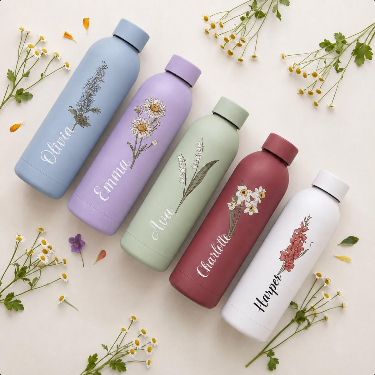 Personalized Birth Flower Water Bottle with Custom Name, Engraved Stainless Steel Tumbler
