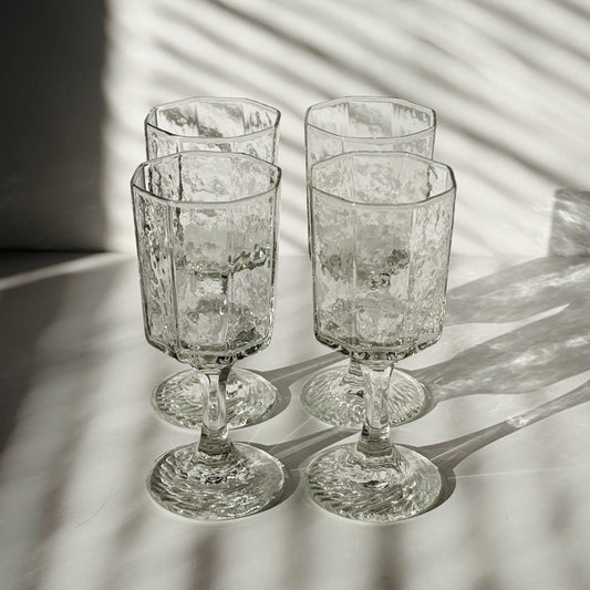 Vintage Libbey Facets Stemmed Wine Glass Goblets - Set of Four (4)